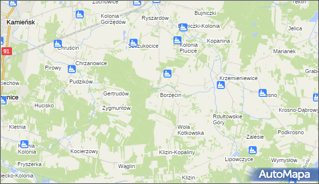 mapa Borzęcin gmina Gorzkowice, Borzęcin gmina Gorzkowice na mapie Targeo