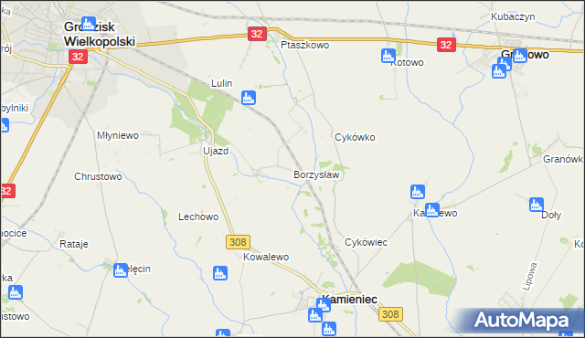 mapa Borzysław gmina Grodzisk Wielkopolski, Borzysław gmina Grodzisk Wielkopolski na mapie Targeo