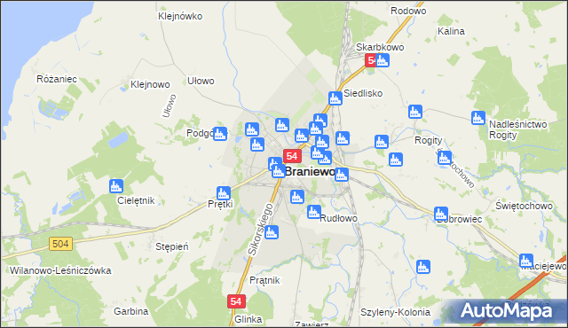 mapa Braniewo, Braniewo na mapie Targeo