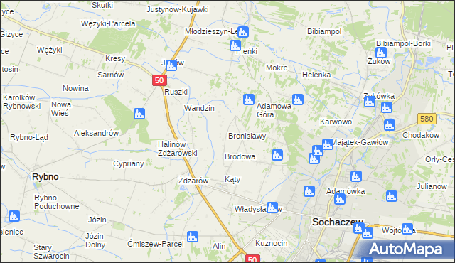 mapa Bronisławy gmina Sochaczew, Bronisławy gmina Sochaczew na mapie Targeo