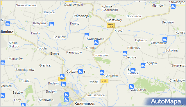 mapa Broniszów gmina Kazimierza Wielka, Broniszów gmina Kazimierza Wielka na mapie Targeo