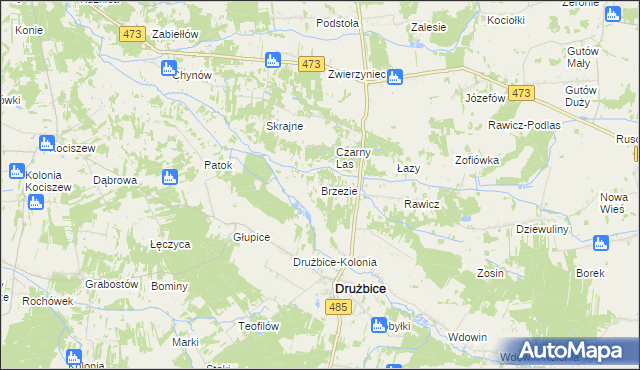 mapa Brzezie gmina Drużbice, Brzezie gmina Drużbice na mapie Targeo