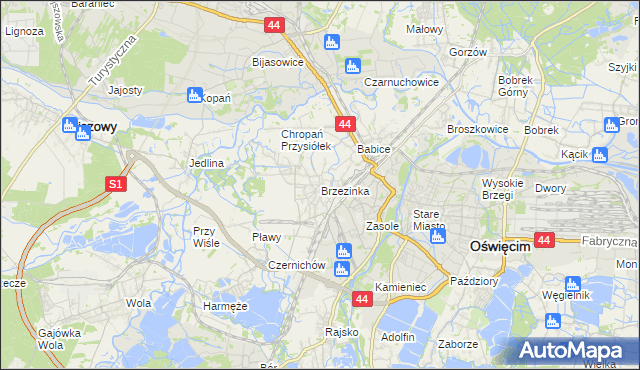mapa Brzezinka gmina Oświęcim, Brzezinka gmina Oświęcim na mapie Targeo