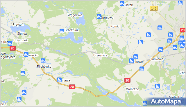 mapa Brzeźnica gmina Węgorzyno, Brzeźnica gmina Węgorzyno na mapie Targeo