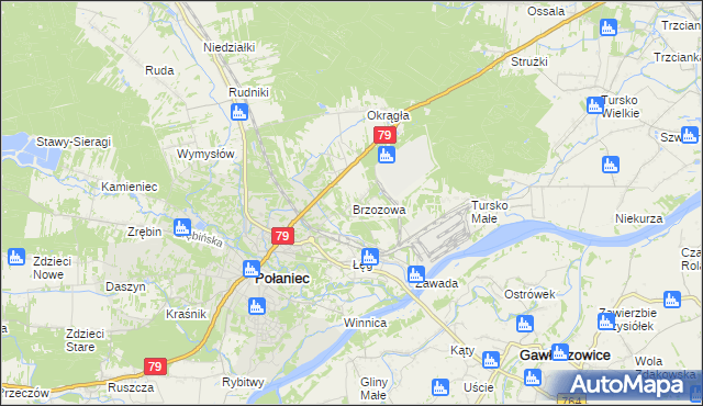 mapa Brzozowa gmina Połaniec, Brzozowa gmina Połaniec na mapie Targeo