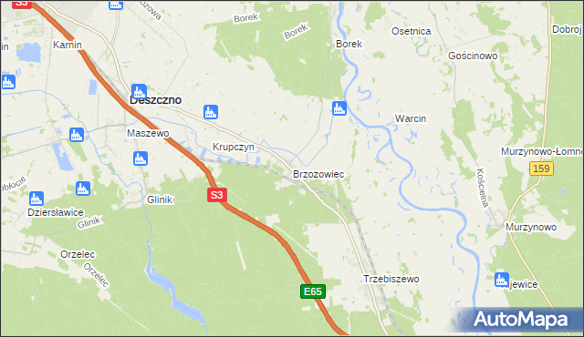 mapa Brzozowiec gmina Deszczno, Brzozowiec gmina Deszczno na mapie Targeo