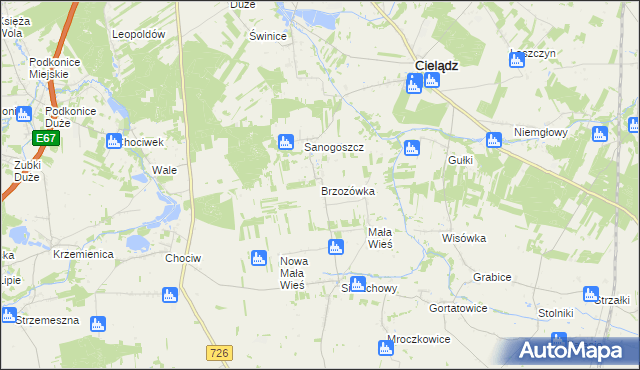 mapa Brzozówka gmina Cielądz, Brzozówka gmina Cielądz na mapie Targeo