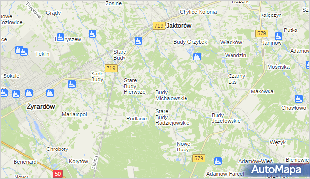 mapa Budy Michałowskie gmina Jaktorów, Budy Michałowskie gmina Jaktorów na mapie Targeo