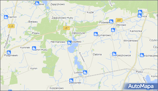 mapa Buszewko gmina Pniewy, Buszewko gmina Pniewy na mapie Targeo