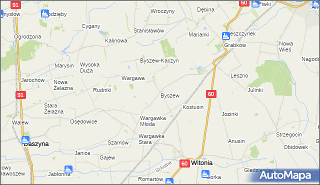mapa Byszew gmina Kutno, Byszew gmina Kutno na mapie Targeo