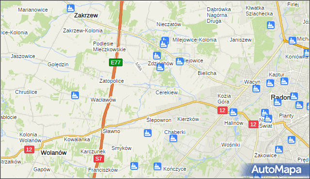 mapa Cerekiew gmina Zakrzew, Cerekiew gmina Zakrzew na mapie Targeo
