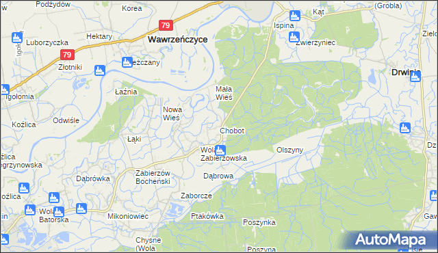 mapa Chobot gmina Niepołomice, Chobot gmina Niepołomice na mapie Targeo