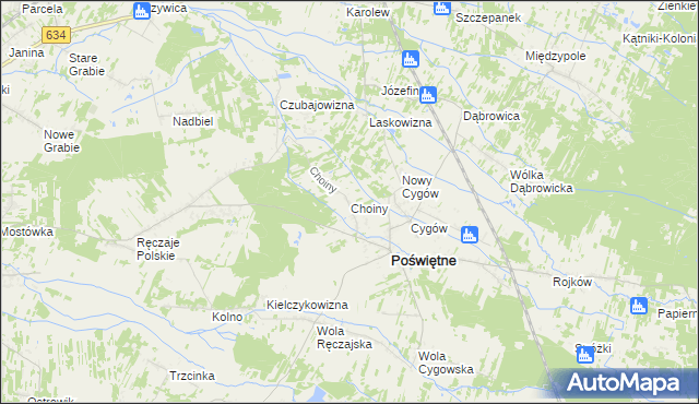 mapa Choiny gmina Poświętne, Choiny gmina Poświętne na mapie Targeo