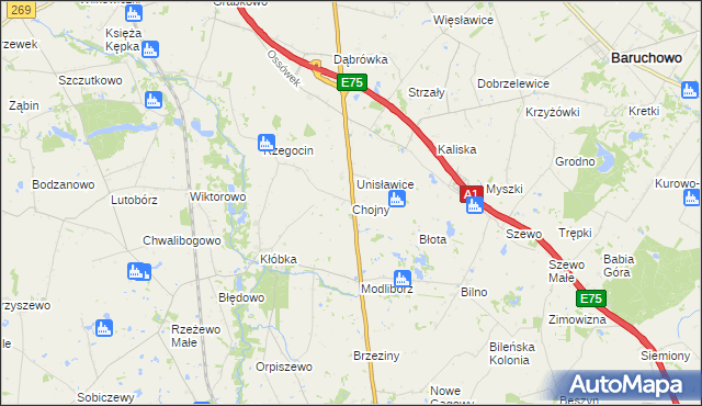 mapa Chojny gmina Lubień Kujawski, Chojny gmina Lubień Kujawski na mapie Targeo