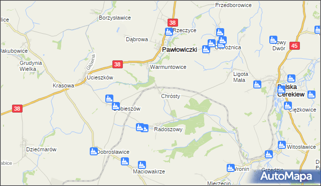 mapa Chrósty gmina Pawłowiczki, Chrósty gmina Pawłowiczki na mapie Targeo
