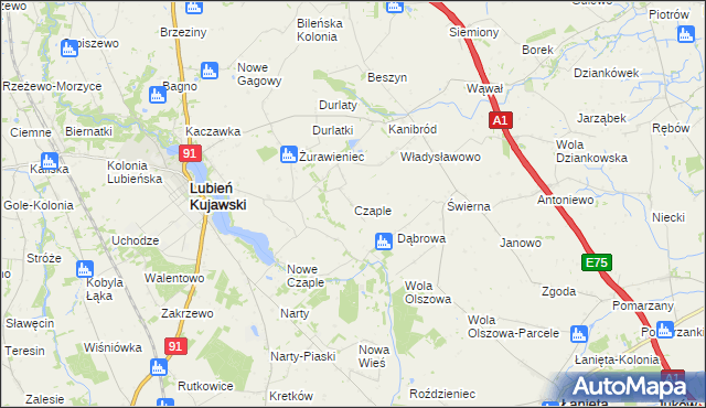 mapa Czaple gmina Lubień Kujawski, Czaple gmina Lubień Kujawski na mapie Targeo