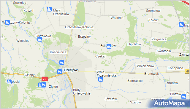 mapa Czekaj gmina Uniejów, Czekaj gmina Uniejów na mapie Targeo