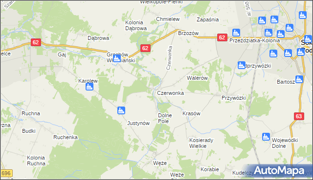 mapa Czerwonka gmina Sokołów Podlaski, Czerwonka gmina Sokołów Podlaski na mapie Targeo