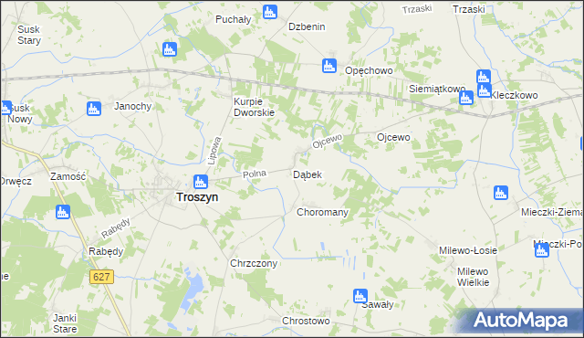 mapa Dąbek gmina Troszyn, Dąbek gmina Troszyn na mapie Targeo