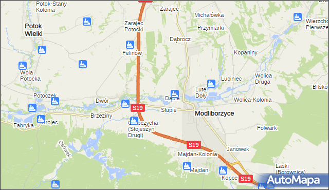 mapa Dąbie gmina Modliborzyce, Dąbie gmina Modliborzyce na mapie Targeo