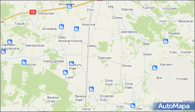 mapa Dąbrowa gmina Kiełczygłów, Dąbrowa gmina Kiełczygłów na mapie Targeo