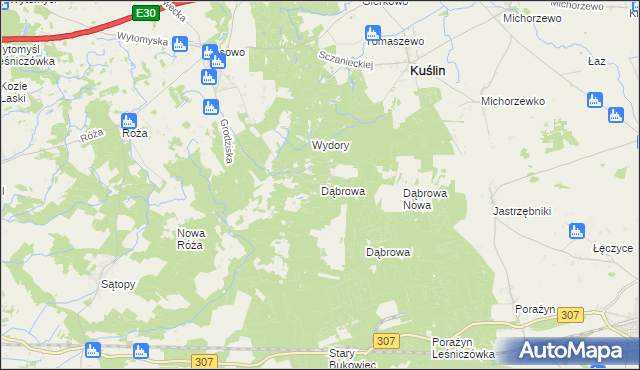 mapa Dąbrowa gmina Kuślin, Dąbrowa gmina Kuślin na mapie Targeo