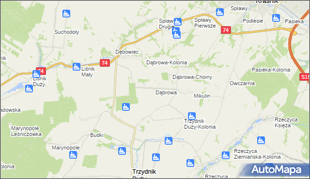 mapa Dąbrowa gmina Trzydnik Duży, Dąbrowa gmina Trzydnik Duży na mapie Targeo