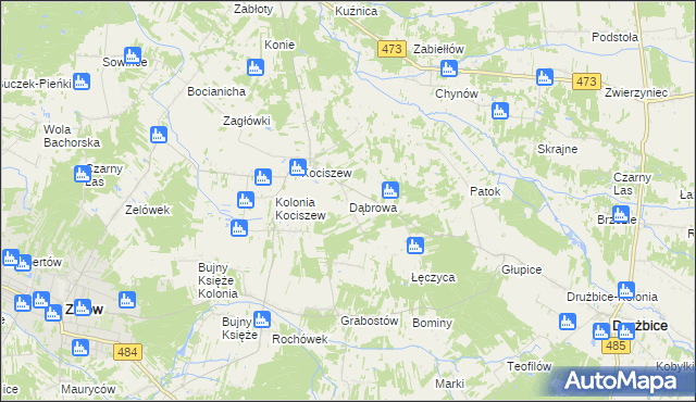 mapa Dąbrowa gmina Zelów, Dąbrowa gmina Zelów na mapie Targeo