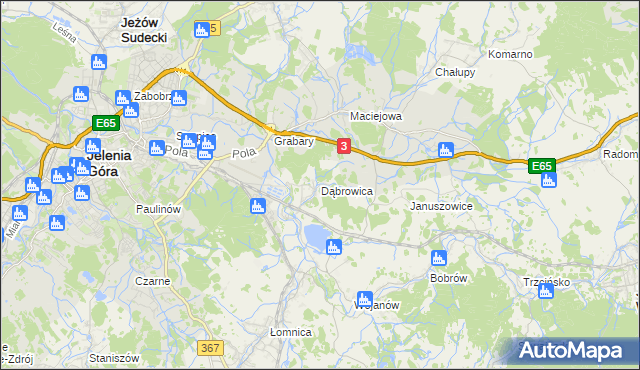 mapa Dąbrowica gmina Mysłakowice, Dąbrowica gmina Mysłakowice na mapie Targeo