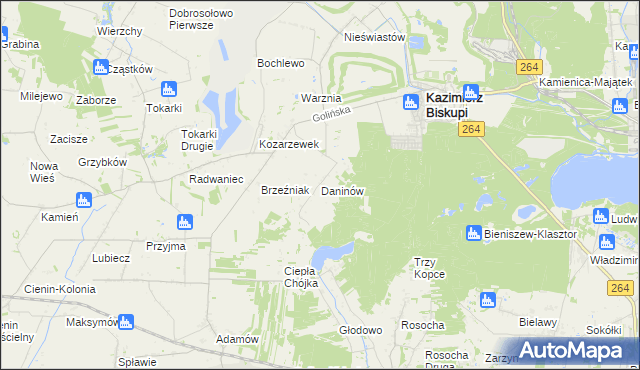 mapa Daninów gmina Kazimierz Biskupi, Daninów gmina Kazimierz Biskupi na mapie Targeo