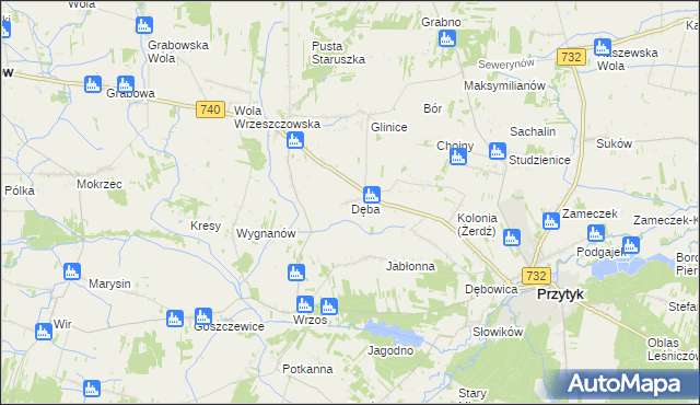 mapa Dęba gmina Przytyk, Dęba gmina Przytyk na mapie Targeo