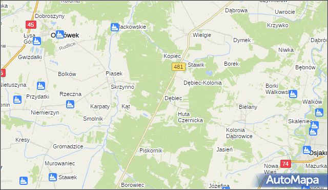 mapa Dębiec gmina Ostrówek, Dębiec gmina Ostrówek na mapie Targeo