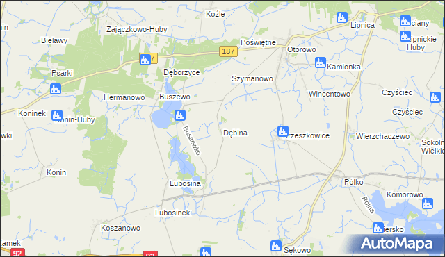 mapa Dębina gmina Pniewy, Dębina gmina Pniewy na mapie Targeo