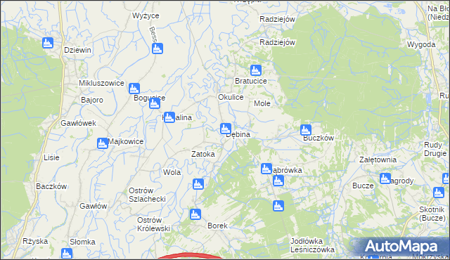 mapa Dębina gmina Rzezawa, Dębina gmina Rzezawa na mapie Targeo
