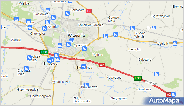 mapa Dębina gmina Września, Dębina gmina Września na mapie Targeo