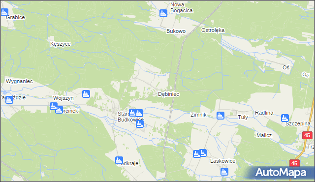 mapa Dębiniec gmina Murów, Dębiniec gmina Murów na mapie Targeo