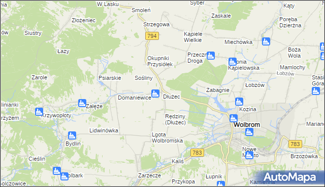 mapa Dłużec gmina Wolbrom, Dłużec gmina Wolbrom na mapie Targeo