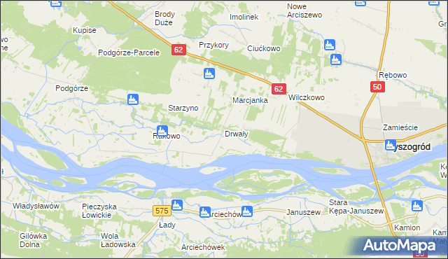 mapa Drwały gmina Wyszogród, Drwały gmina Wyszogród na mapie Targeo