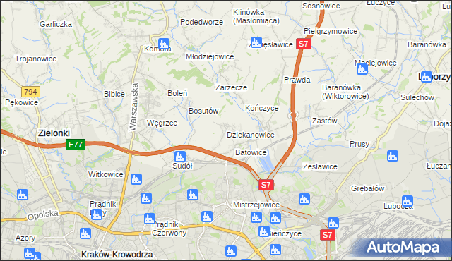 mapa Dziekanowice gmina Zielonki, Dziekanowice gmina Zielonki na mapie Targeo