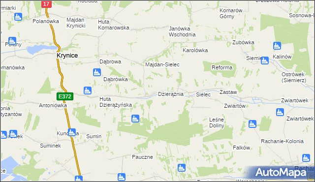 mapa Dzierążnia gmina Krynice, Dzierążnia gmina Krynice na mapie Targeo