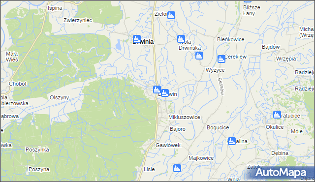 mapa Dziewin gmina Drwinia, Dziewin gmina Drwinia na mapie Targeo