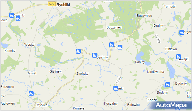 mapa Dziśnity gmina Rychliki, Dziśnity gmina Rychliki na mapie Targeo