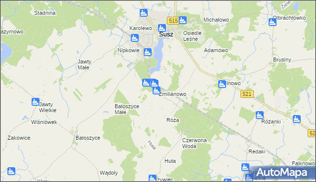 mapa Emilianowo gmina Susz, Emilianowo gmina Susz na mapie Targeo
