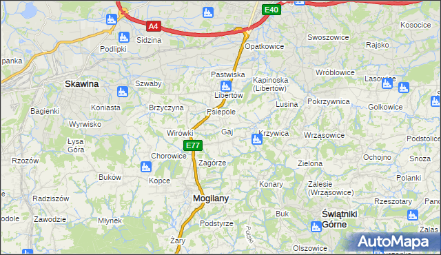 mapa Gaj gmina Mogilany, Gaj gmina Mogilany na mapie Targeo