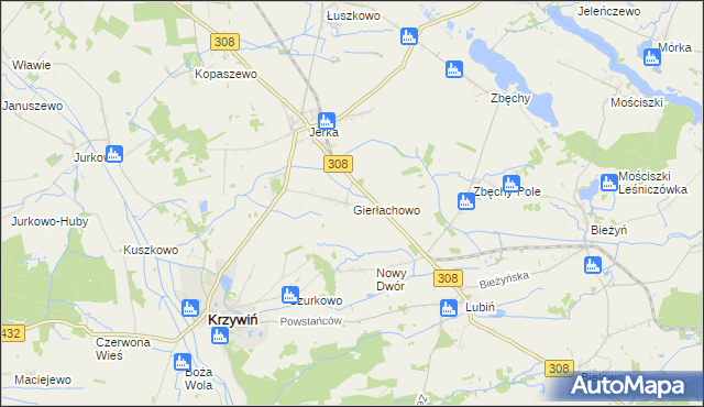 mapa Gierłachowo gmina Krzywiń, Gierłachowo gmina Krzywiń na mapie Targeo