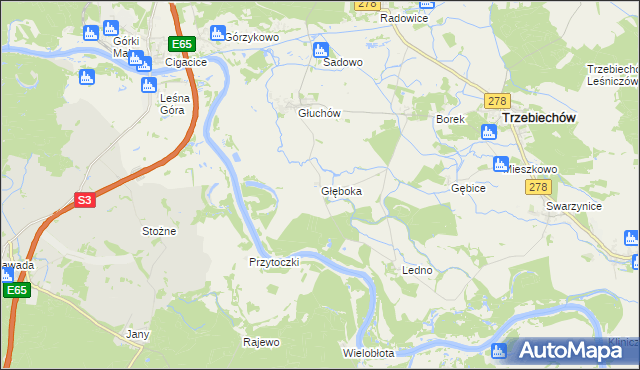 mapa Głęboka gmina Trzebiechów, Głęboka gmina Trzebiechów na mapie Targeo