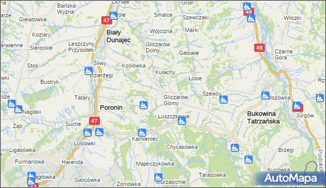 mapa Gliczarów Górny, Gliczarów Górny na mapie Targeo