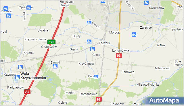 mapa Glina gmina Wola Krzysztoporska, Glina gmina Wola Krzysztoporska na mapie Targeo