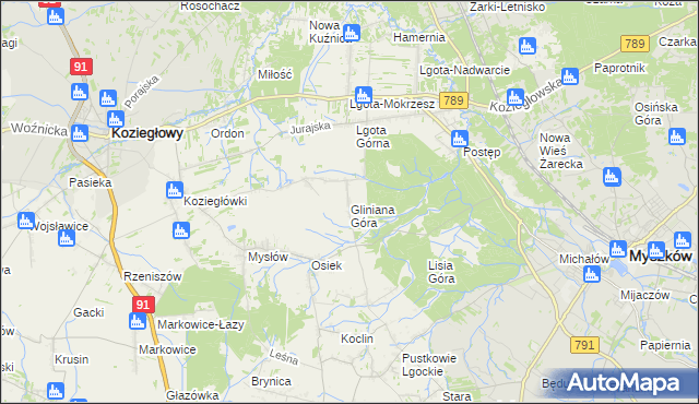 mapa Gliniana Góra gmina Koziegłowy, Gliniana Góra gmina Koziegłowy na mapie Targeo