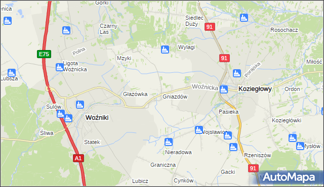 mapa Gniazdów gmina Koziegłowy, Gniazdów gmina Koziegłowy na mapie Targeo